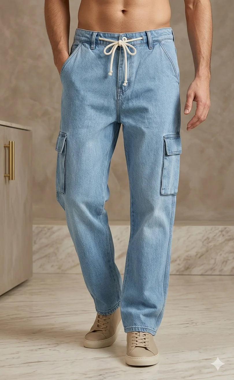 Relaxed Fit Denim Cargo Pants – Baggy Jeans with Drawstring Waist