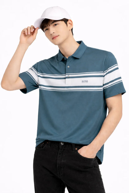Men's Sport Stripe Performance Polo Shirt - Contrast Chest Detail