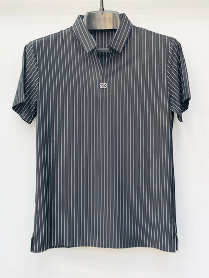 Men's Slim-Fit Vertical Pinstripe Polo Shirt - Modern Retro Style