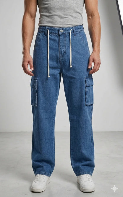 Relaxed Fit Denim Cargo Pants –  Baggy Jeans with Drawstring Waist