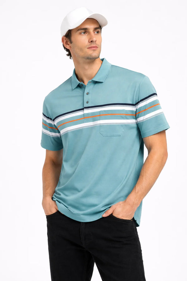 Men's Sporty Striped Polo Shirt with Front Pocket